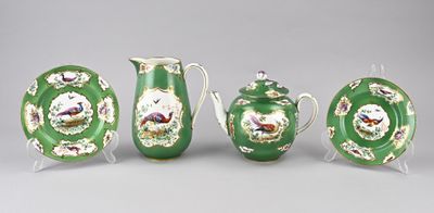 three green and white vases and a plate with birds on them