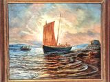 an oil painting of a sailboat on the water with a boat in the background