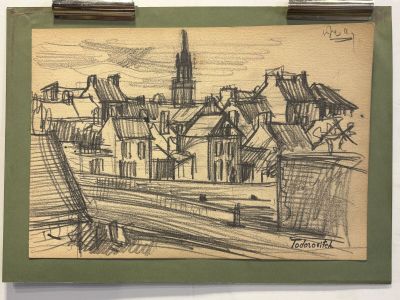 drawing of a view of a town with a church in the background