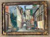 une peinture à l'huile représentant une scène de rue avec un bâtiment en arrière-plan