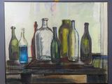 a painting of bottles on a easel on a table