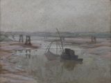 une peinture d'un bateau dans l'eau sur la plage