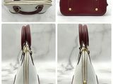 four different images of a white and red purse with a gold zipper
