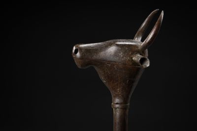 a close up of a wooden stick with a horse head on it