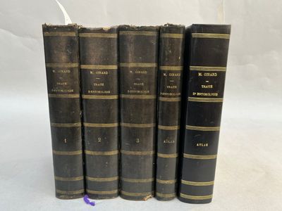 cinq vieux livres sont alignés sur une surface blanche