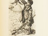 illustration of a man holding a bird in his hand while standing on a beach