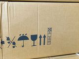 a cardboard box with a picture of a man and a dog on it