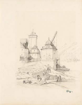 un vieux dessin représentant un château avec une tour et des personnages au premier plan
