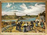 painting of a group of people standing in a field next to a body of water