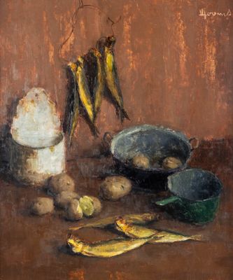 tableau représentant une nature morte composée de poissons, de pommes de terre et d'autres aliments