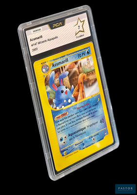 une carte Pokémon dans un étui en plastique sur fond noir