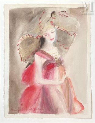a painting of a woman in a pink dress and a large hat