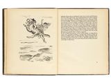 an open book with a drawing of a man riding a horse