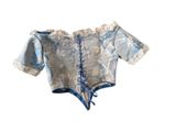 a white and blue shirt with a blue lace trim