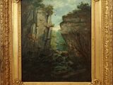 une peinture à l'huile représentant un paysage rocheux avec un château au loin