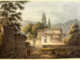 une vieille peinture représentant un bâtiment dans un cadre rural