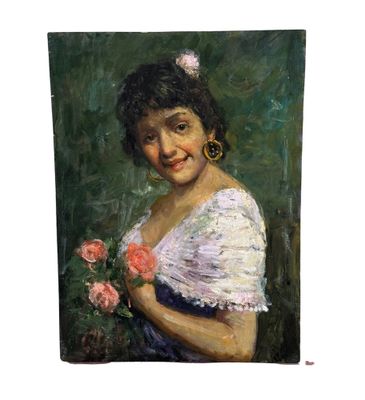 une peinture à l'huile représentant une femme tenant un bouquet de fleurs