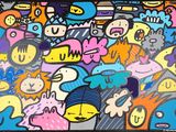 tableau représentant un groupe de personnes aux visages variés sur un fond coloré