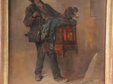 painting of a man carrying a bird cage with a cat on his shoulder