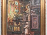 painting of a woman in a white dress in a church