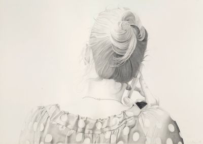 pencil drawing of a woman in a polka dot dress with her back to the camera