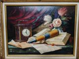 une peinture représentant un livre et une horloge posés sur une table