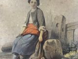 tableau représentant une femme assise sur un rocher à côté d'un tas de pierres