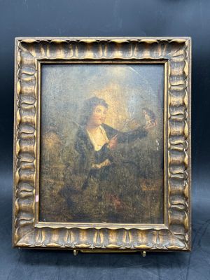 an old painting of a woman holding a bird in a gold frame
