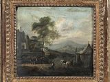 peinture à l'huile d'une scène de village avec une voiture à cheval