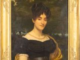 a painting of a woman in a black dress and a yellow shawl