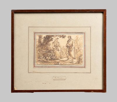 an image of a drawing of a man and a woman in a wooded setting