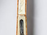a small black object in a wooden box on a white surface