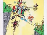 painting of a group of cartoon characters hanging on a rope over a cliff