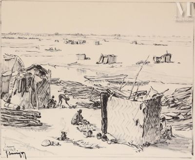 dessin représentant un groupe de personnes debout autour d'une cabane sur une plage