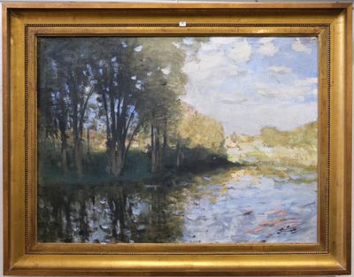 une peinture à l'huile représentant une rivière avec des arbres au premier plan