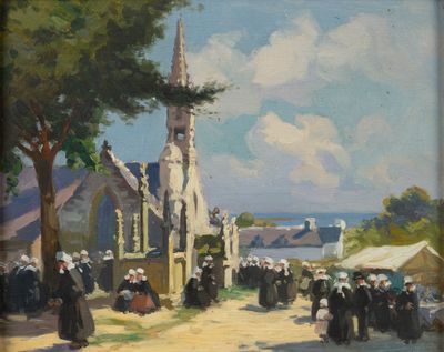 tableau représentant un groupe de personnes debout devant une église
