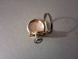 a silver ring that is sitting on top of a table
