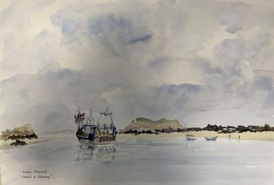 une aquarelle représentant un bateau sur un plan d'eau
