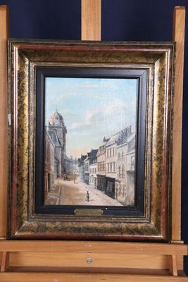 an oil painting of a street scene in a wooden easel