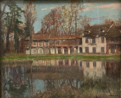 painting of a house by a lake with a reflection in the water
