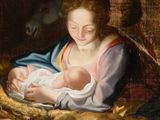 an image of a painting of a woman holding a baby in a manger