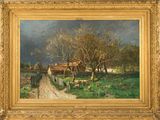 une image représentant un tableau représentant une scène de vie à la ferme, avec des moutons au premier plan