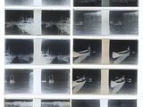 several black and white photographs of boats floating on a body of water