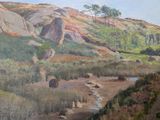 a painting of a mountain with a stream running through it