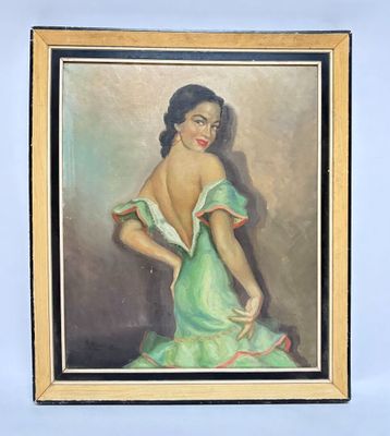 painting of a woman in a green dress in a gold frame