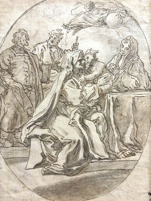 un dessin représentant un groupe de personnes assises autour d'une table