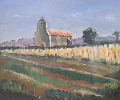 une peinture à l'huile représentant une église dans un champ, avec une clôture