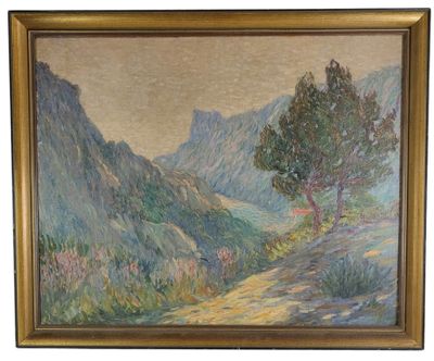 un tableau représentant un paysage de montagne avec un arbre au premier plan