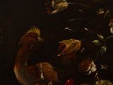 a painting of flowers and birds in a vase on a table