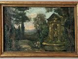 an oil painting of a fountain in a garden with trees in the background